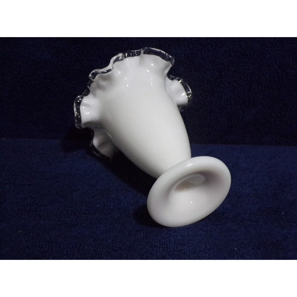 Vintage Fenton Silver Crest White Milk Glass Clear Ruffled Edge Vase 6.5